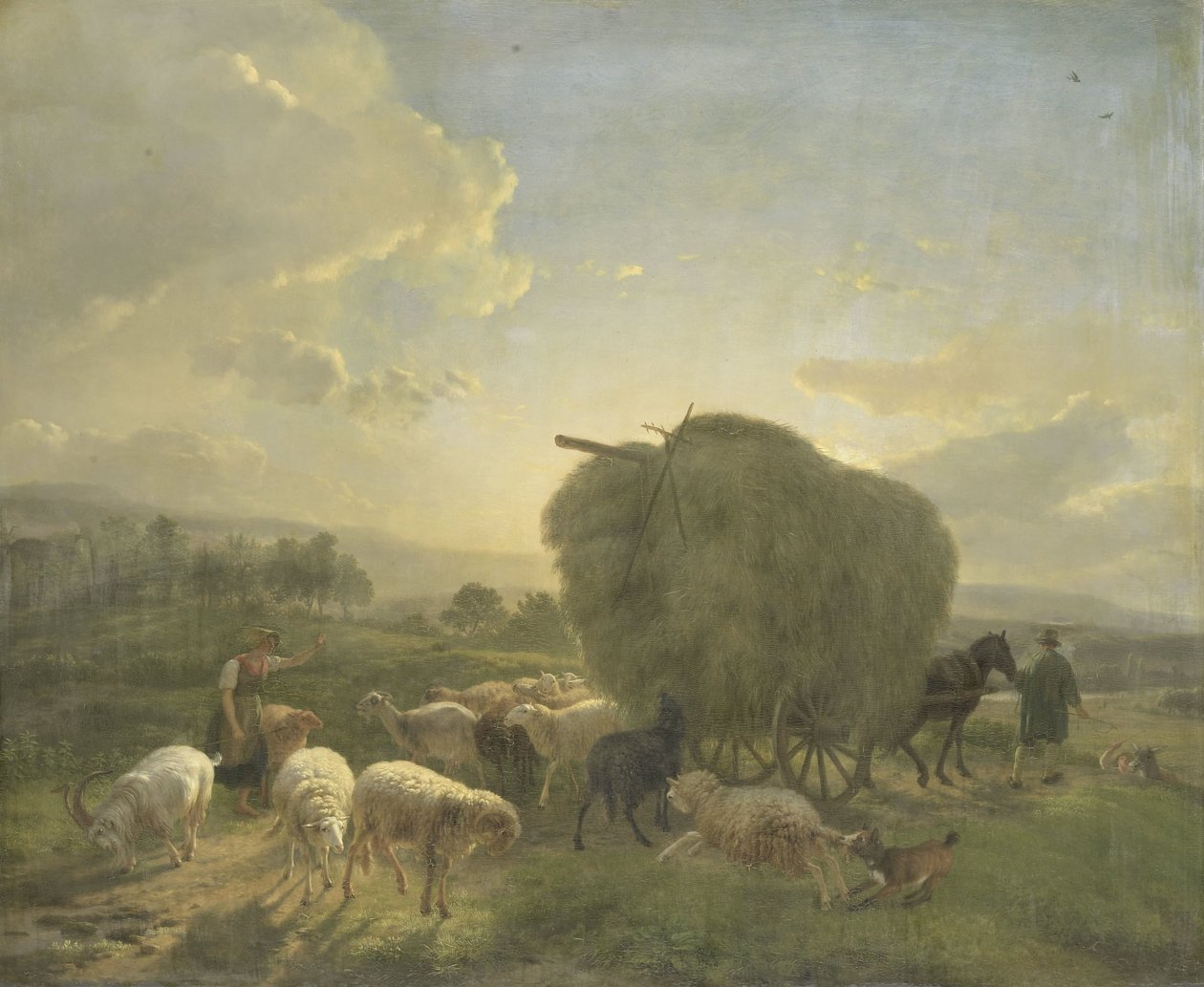 Landskap med sauer og en høyvogn av Balthasar Paul Ommeganck