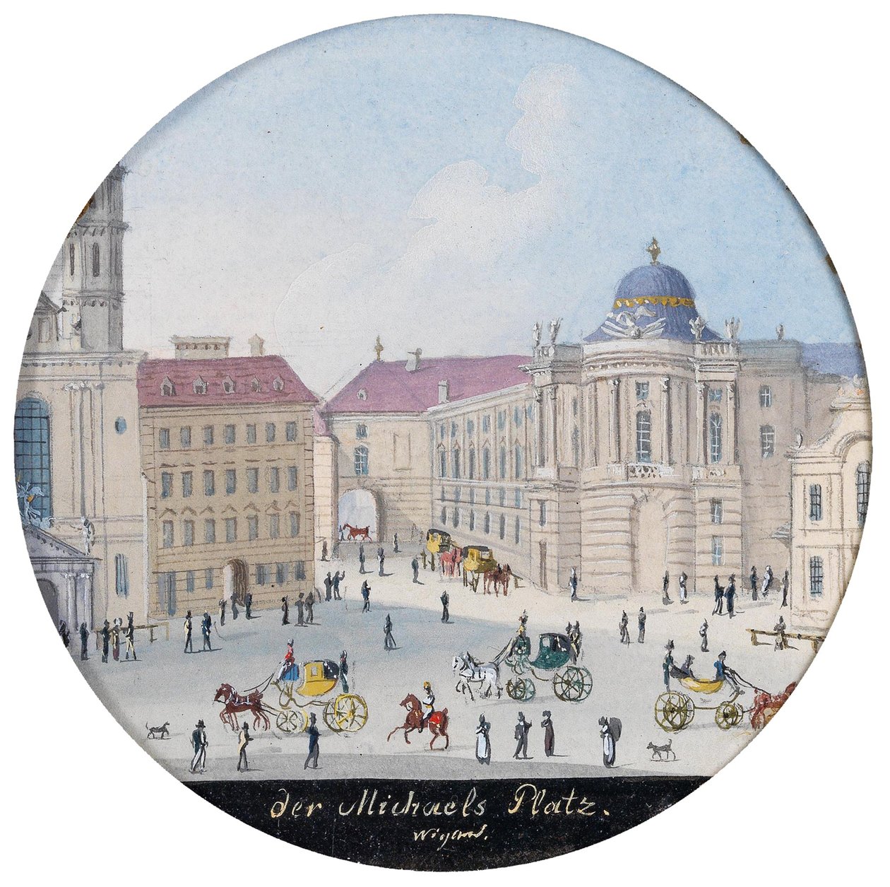 St. Michael-plassen i Wien - Balthasar Wigand (1770-1846). Akvarell på papir, ca 1835. Dimensjon : D 7 cm. Privat samling av Balthasar Wigand