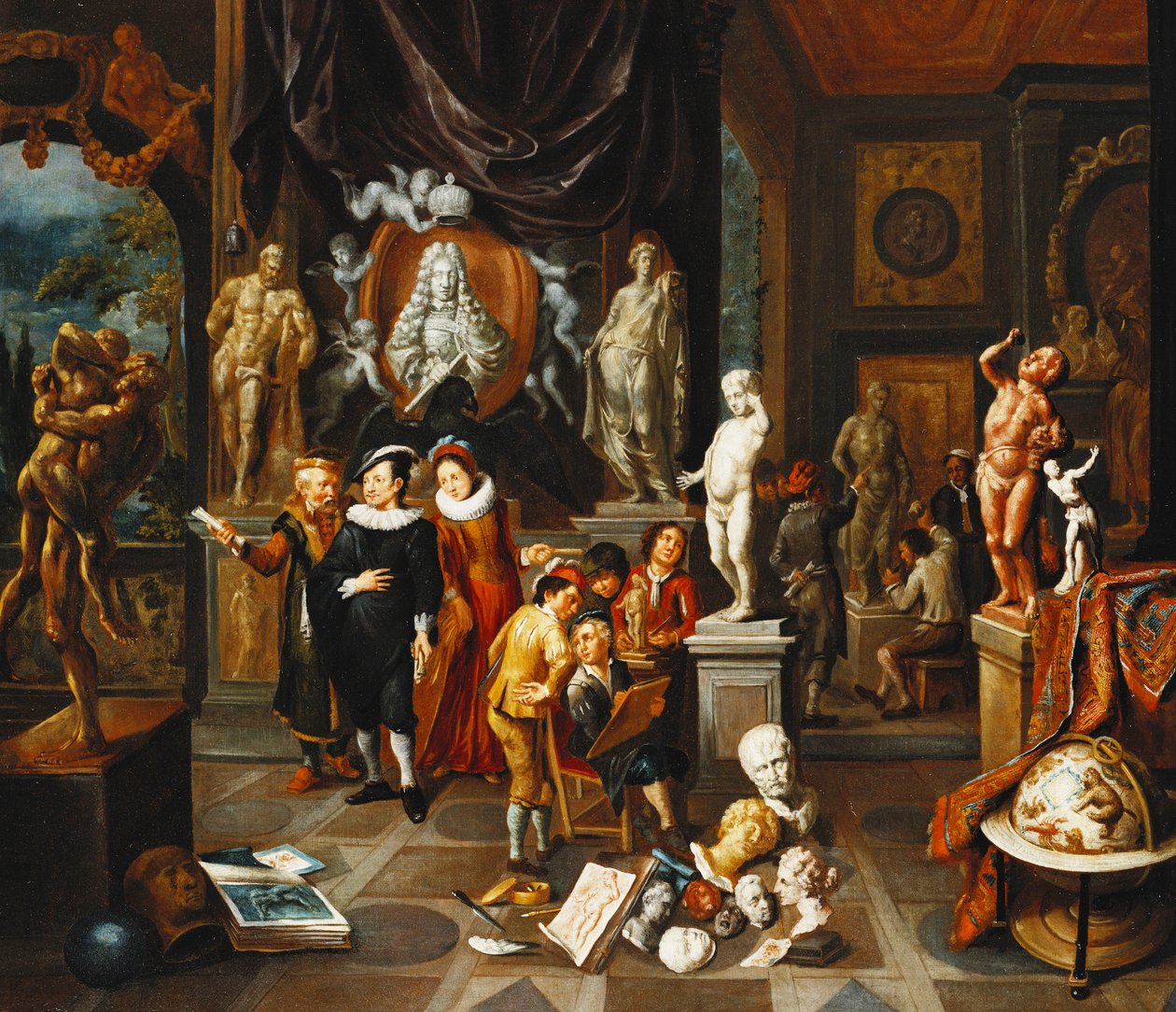 Et elegant par som besøker et skulpturgalleri, med en kunstner som skisserer og en skulptør på jobb utover, av Balthasar van den Bossche
