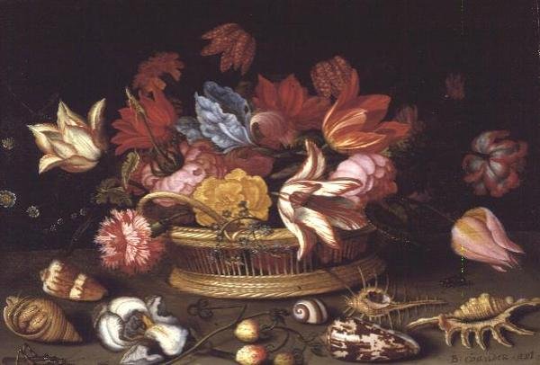 En kurv med blomster med skjell på en avsats (oljepanel) av Balthasar van der Ast