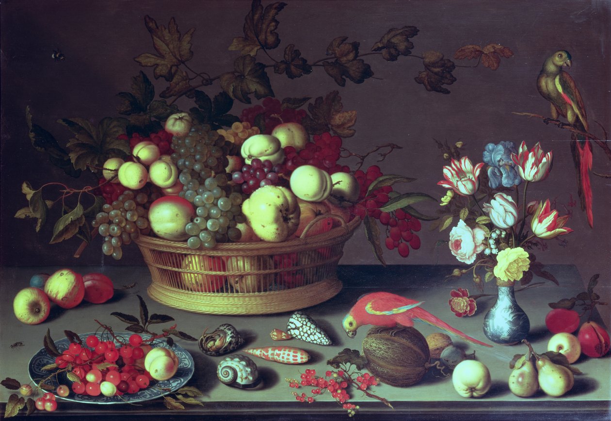 En kurv med druer og annen frukt (olje på panel) av Balthasar van der Ast
