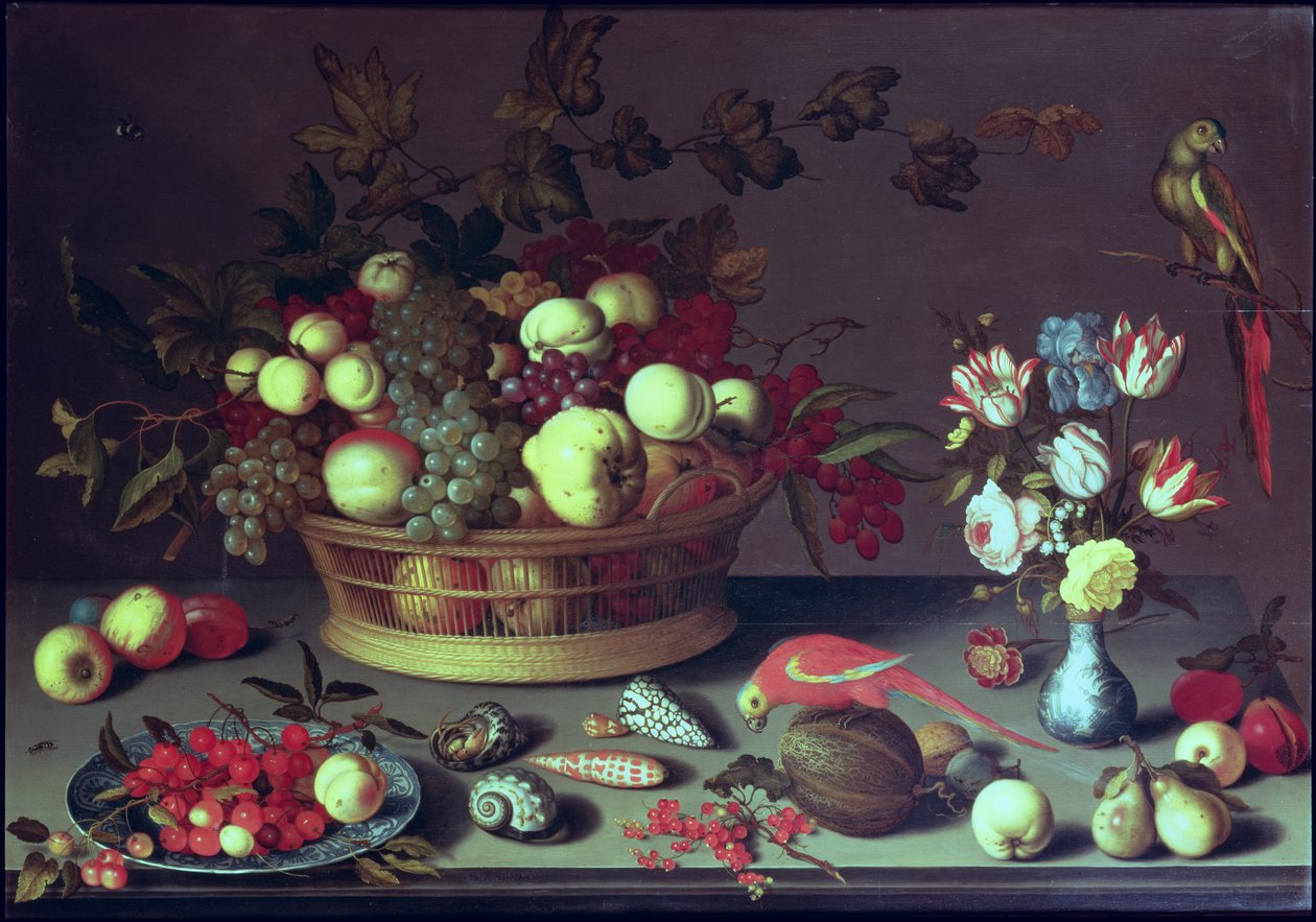 En kurv med druer og annen frukt av Balthasar van der Ast