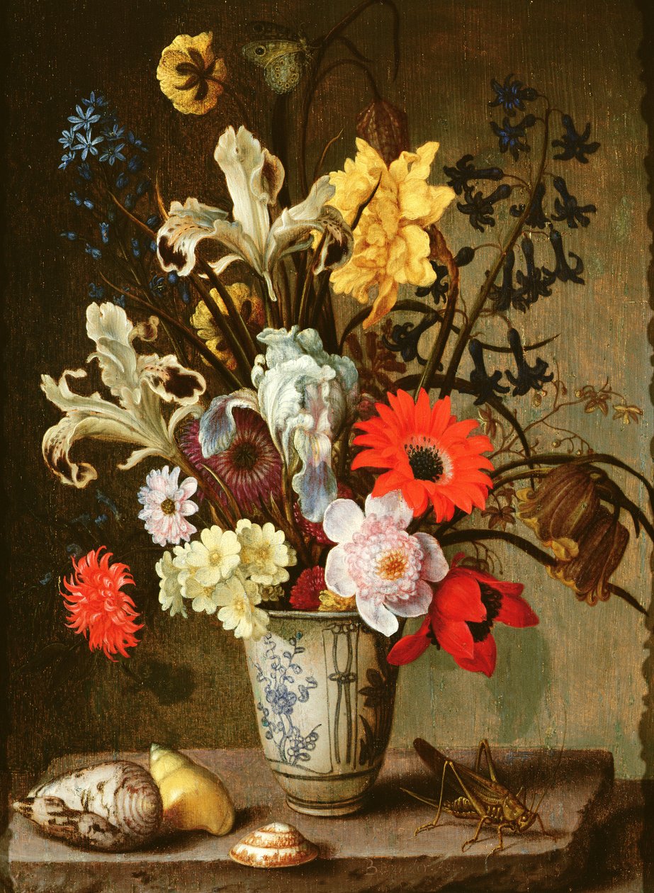Blomsterstudie med beger, gresshoppe og skjell (olje på panel) av Balthasar van der Ast