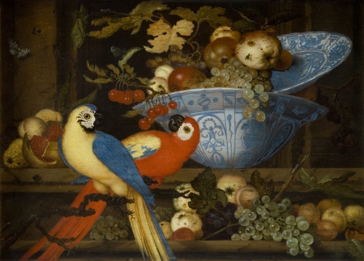 Fruktstilleben med to papegøyer av Balthasar van der Ast