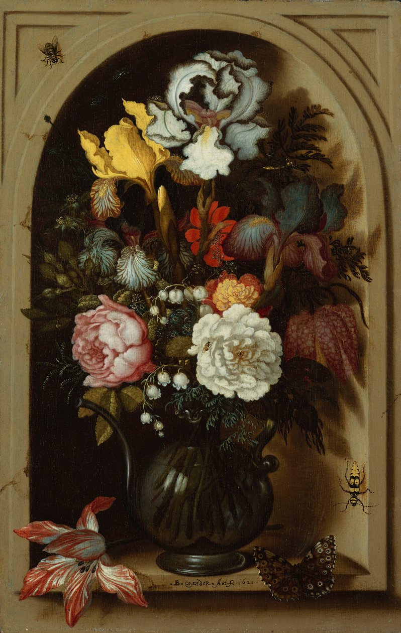 Iriser, roser, liljekonvaljer og andre blomster i en glassvase i en nisje, 1621 av Balthasar van der Ast