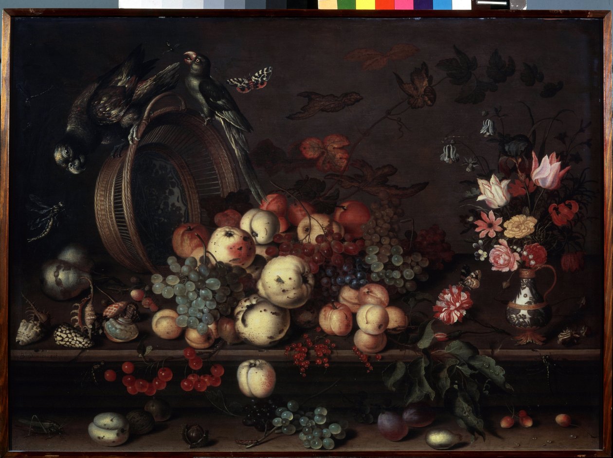 "Stilleben med frukt, blomster og papegøyer" (også kalt "Stilleben med frukt, skjell og insekter") Maleri av Balthasar van der Ast (1593/4-1657 ) rundt 1620 Dim. 75x104 cm Ermi Museum av Balthasar van der Ast