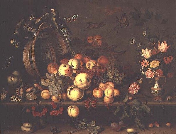Stilleben med frukt, blomster og papegøyer, tidlig på 1620-tallet (panel) av Balthasar van der Ast