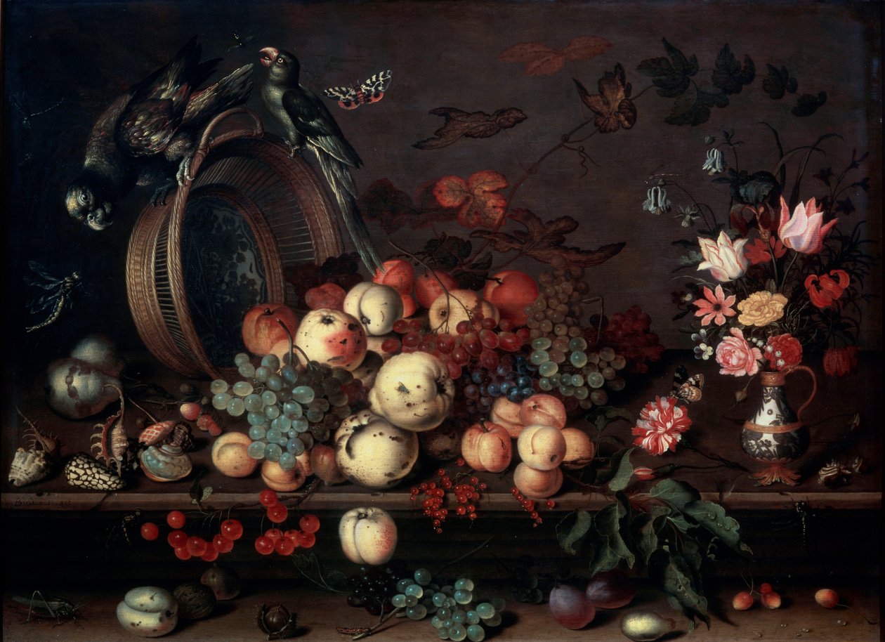 Stilleben med frukt, blomster og papegøyer, 1620-tallet av Balthasar van der Ast