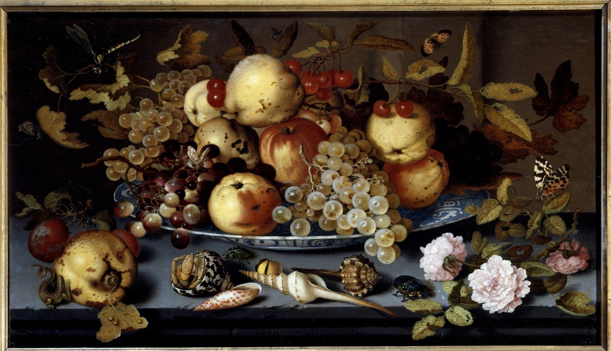 Stilleben av frukt, blomster, skjell og insekter. Maleri av Balthasar Van Der Ast (1590-1656) Ec. Hol av Balthasar van der Ast