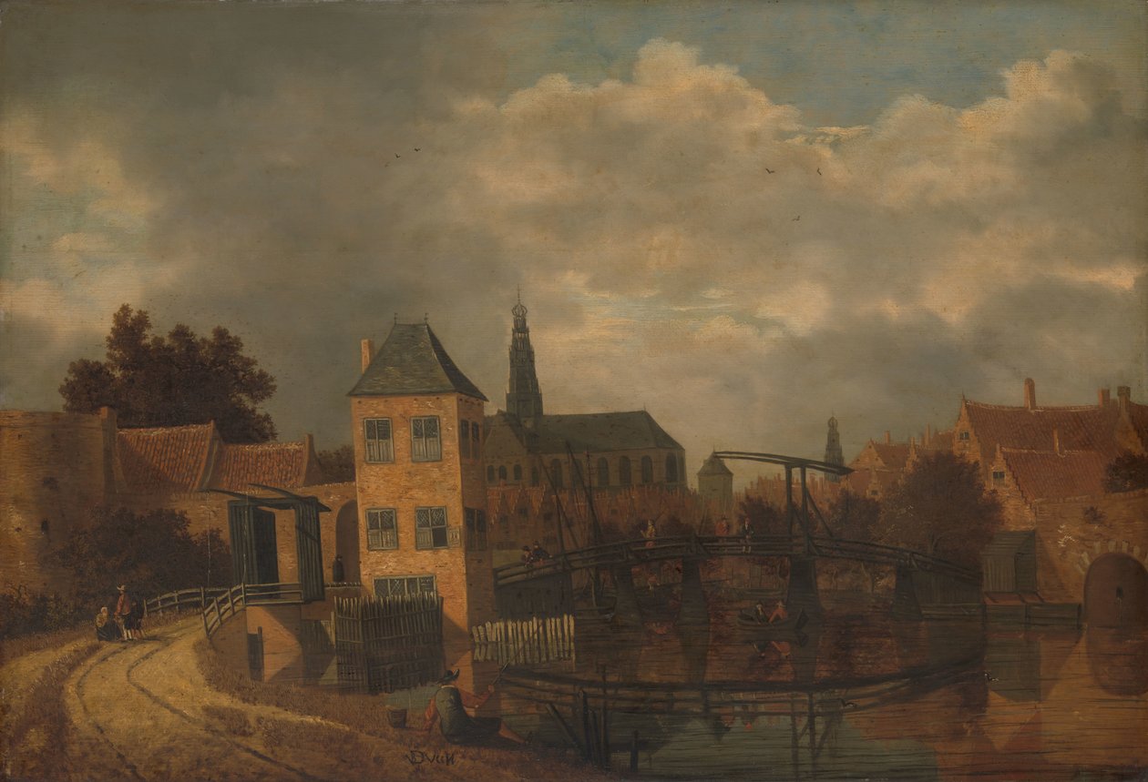 Utsikt over byen Haarlem, tatt fra Spaarne-elven, som viser Eendjespoort av Balthasar van der Veen