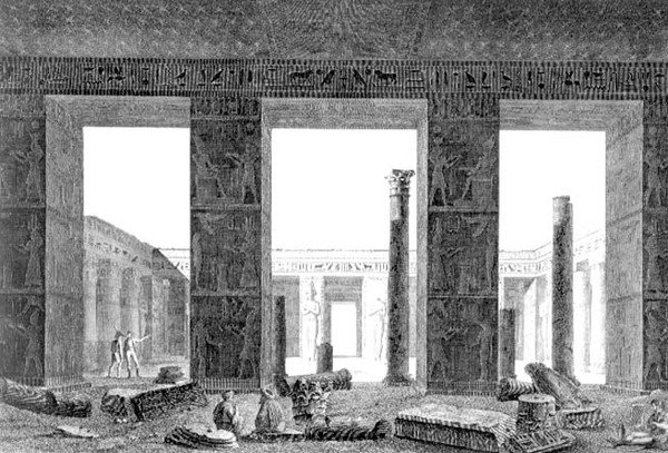 Innvendig visning av peristylen til palasset, Medynet-Abon, Theben, plate 14 fra Vol II av `Descriptions of Egypt`, gravert av Reville, pub. under ordre fra Napoleon av Balzac (after)