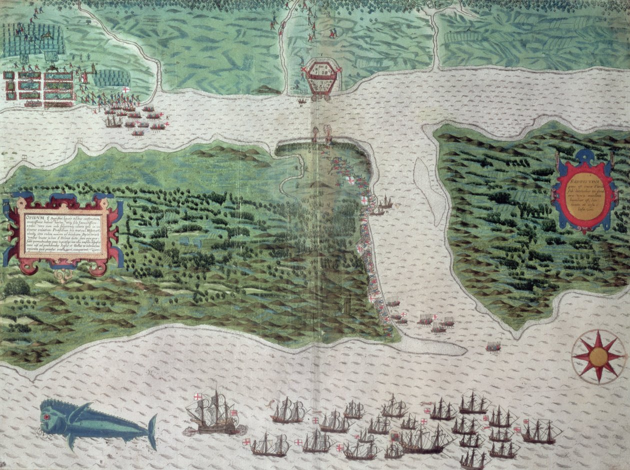 Kart som viser ødeleggelsen av den spanske kolonien St. Augustine i Florida 7. juli 1586 av den engelske flåten kommandert av Sir Francis Drake (1540-96) 1589 (håndfarget gravering) av Baptista Boazio