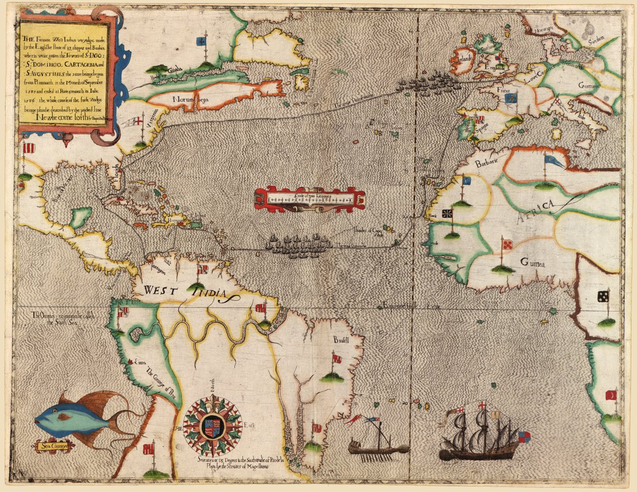 Route of Drakes-reise over Atlanterhavet, 1586 av Baptista Boazio