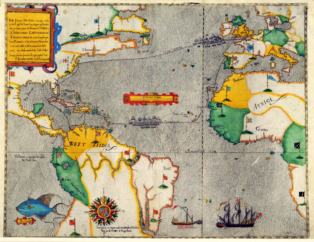 Den berømte vestindiske reisen laget av den engelske flåten på 23 skip og barker der vi kommer til byene St. Iago, Sto Domingo, Cartagena og St. Augustines, det samme vesenet startet fra P. av Baptista Boazio