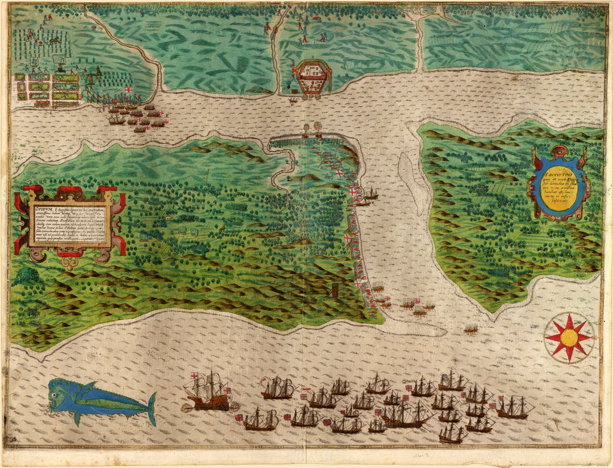 Augustine fra Drakes West Indian Voyage 1585 - 86, pub. 1589 (håndfarget gravering) av Baptista Boazio
