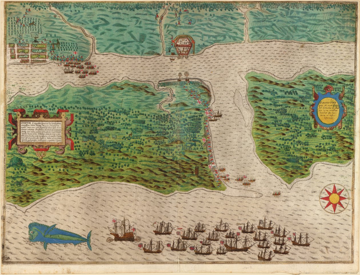 Raid på den spanske bosetningen St Augustine i Florida av Baptista Boazio
