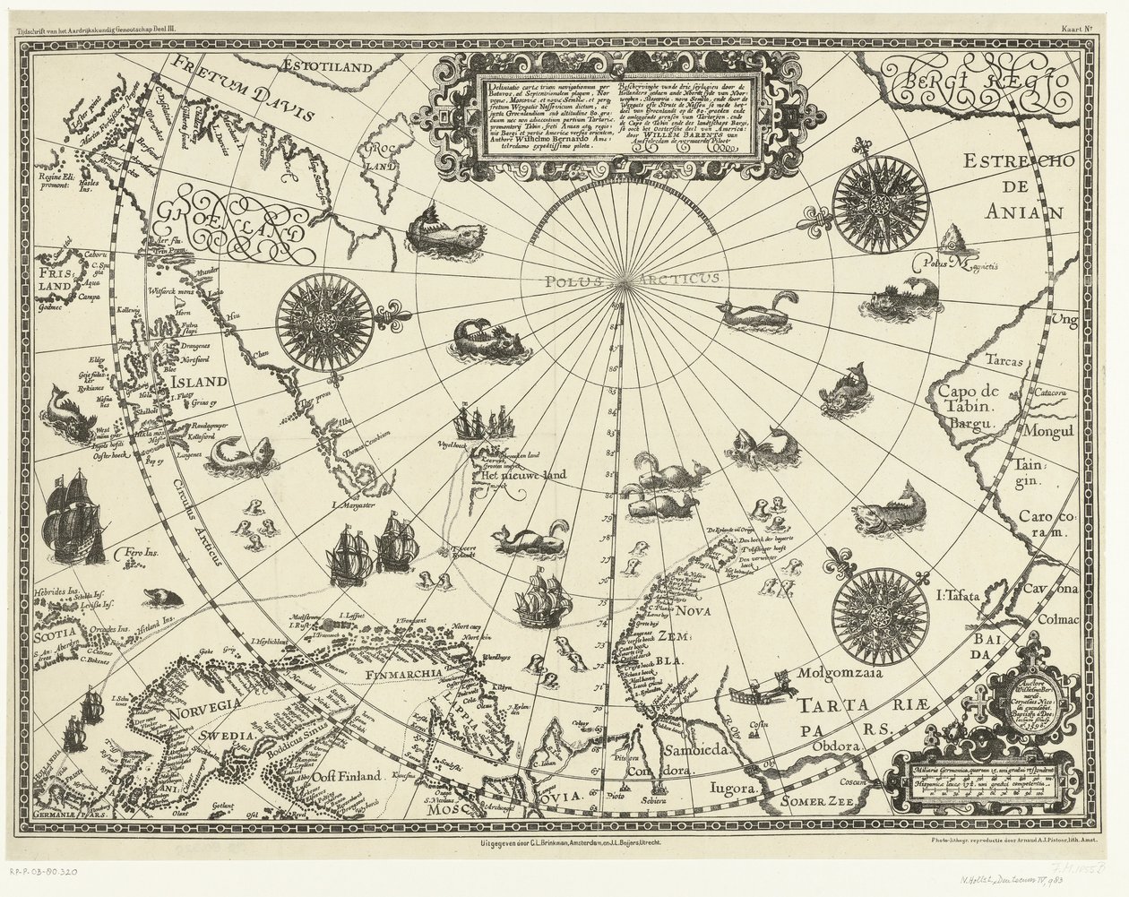 Kart over landene rundt polarsirkelen med nederlendernes tre seilaser i 1598 av Baptista van (after) Doetechum