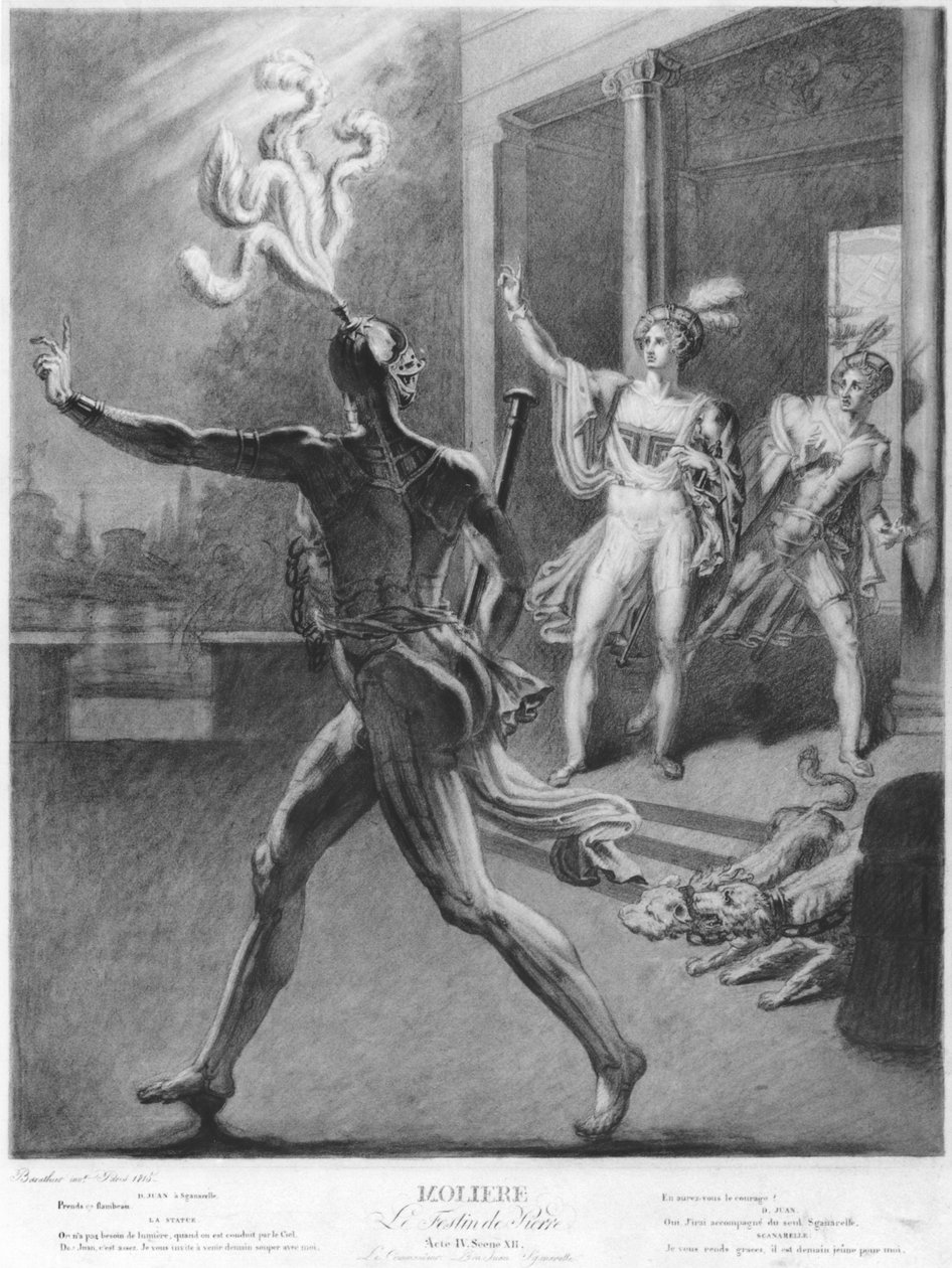 Don Juan and the Commendatore, illustrasjon fra Act IV Scene 12 av Don Juan, eller Le Festin de Pierre av Moliere, 1815 (bw-foto) av Barathier