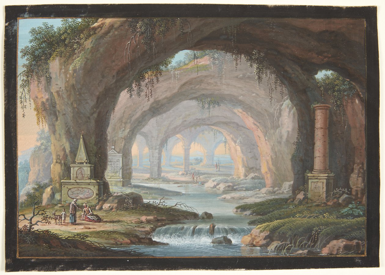 Landskap med gjennomhullede grotter, gravmonumenter, en elv og figurer av Barbara Dietzsch