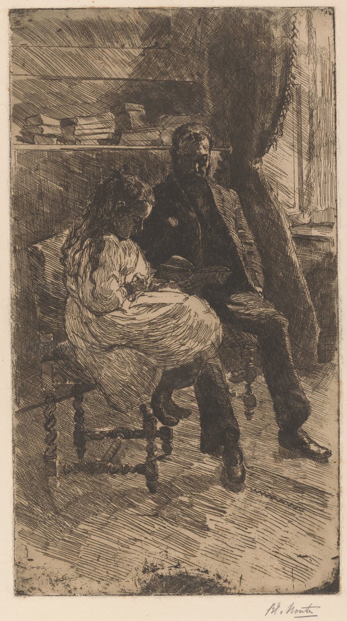 Interiør med en mann og en jente som leser en bok sammen av Barbara Elisabeth van Houten (signed by artist)