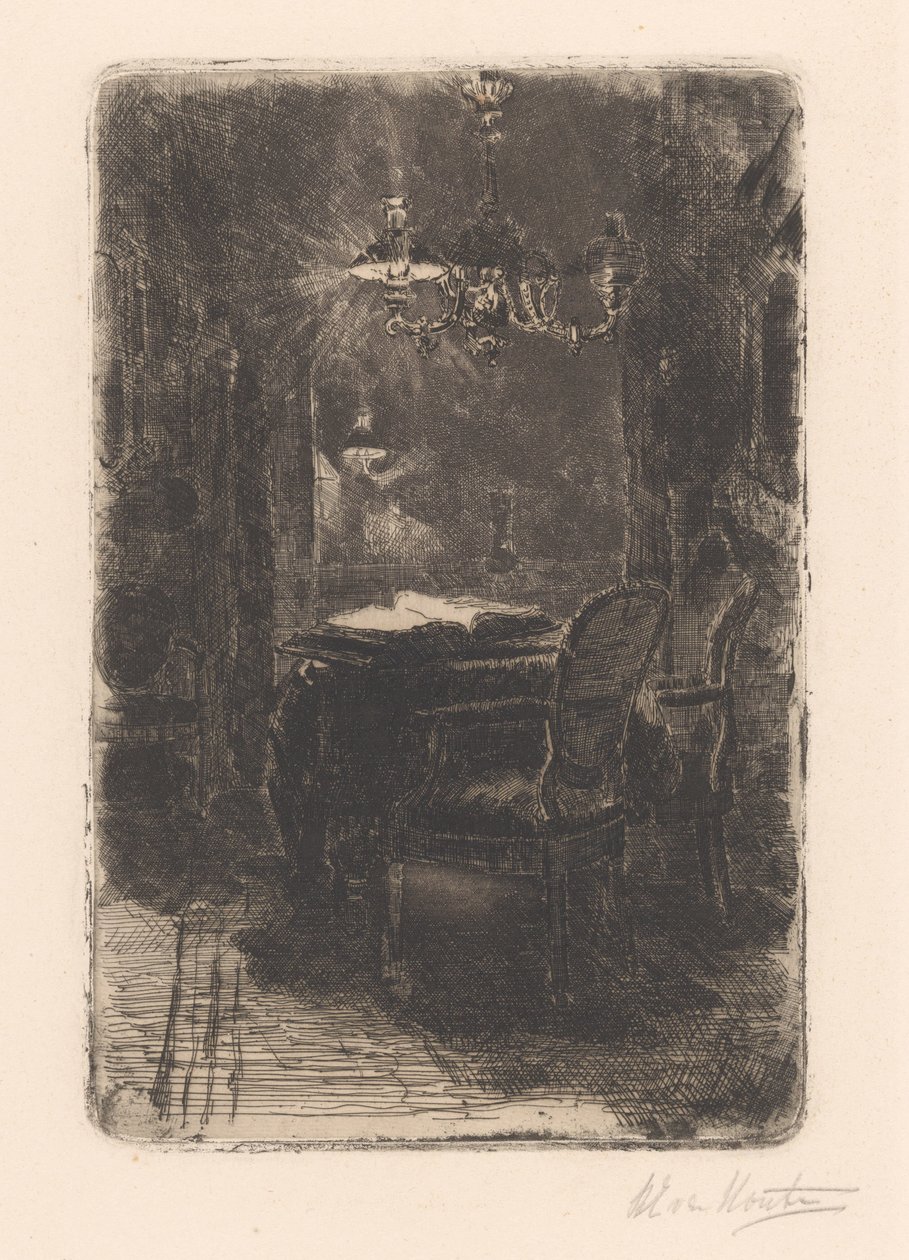 Interiør med speil og bord med åpen bok av Barbara Elisabeth van Houten (signed by artist)