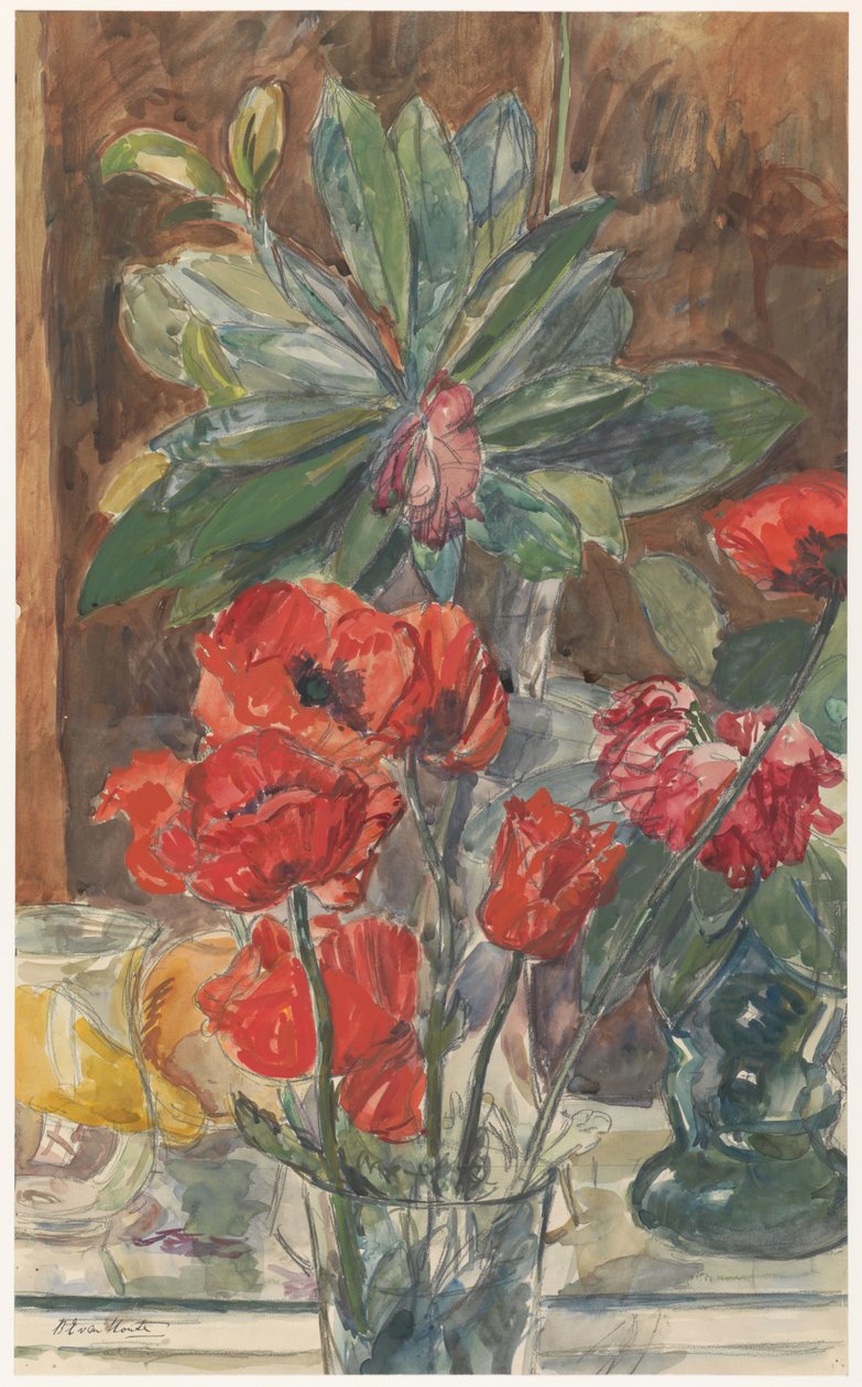 Blomsterstudie av valmuer og rhododendron av Barbara Elisabeth van Houten