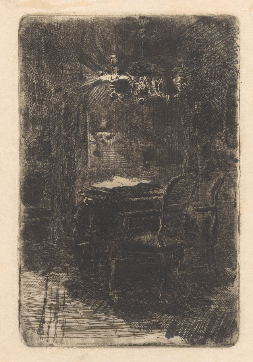 Interiør med speil og bord med åpen bok av Barbara Elisabeth van Houten