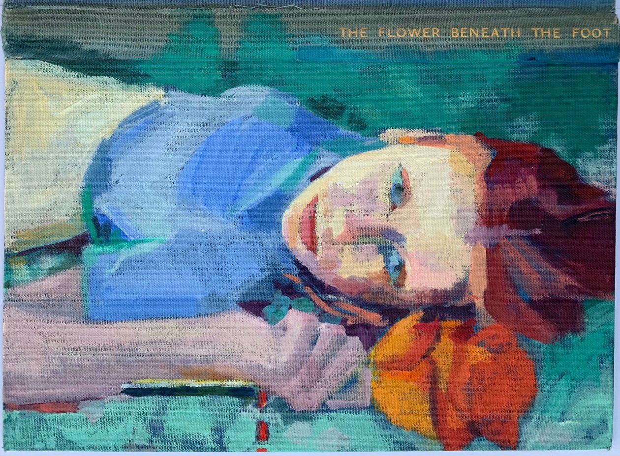 Blomst under foten, 2022 (olje på antikk linbokomslag) av Barbara Hoogeweegen