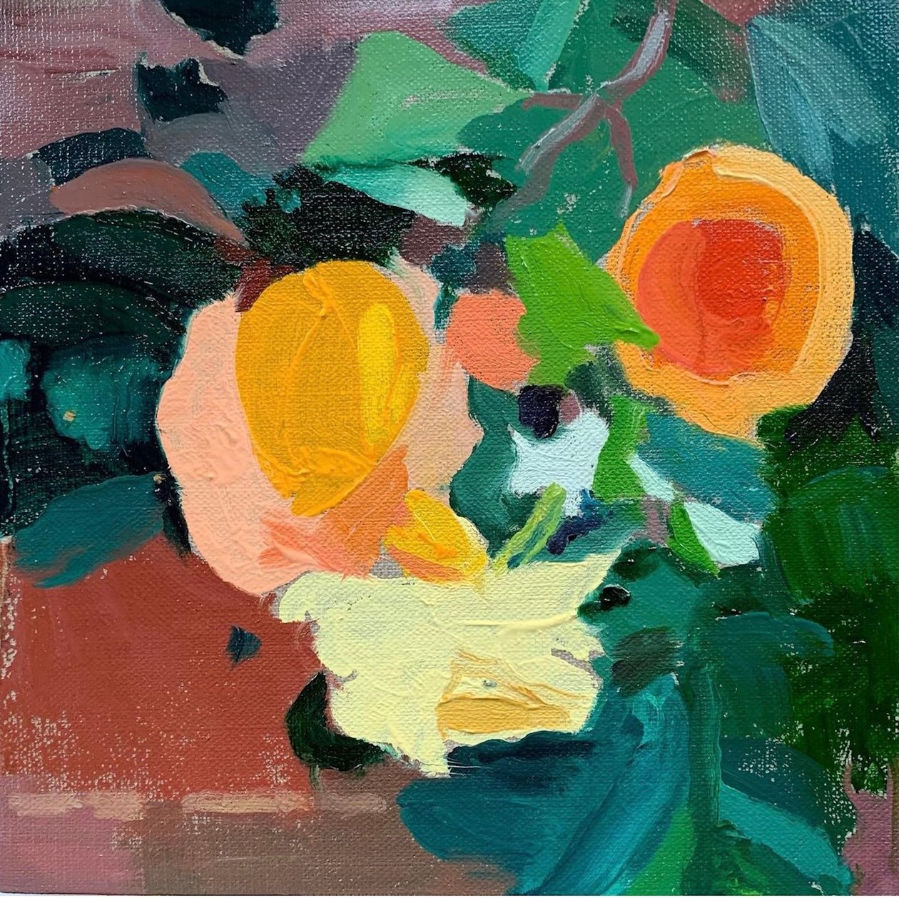Forrige sommerrose, 2021 (olje på lerretstavle) av Barbara Hoogeweegen
