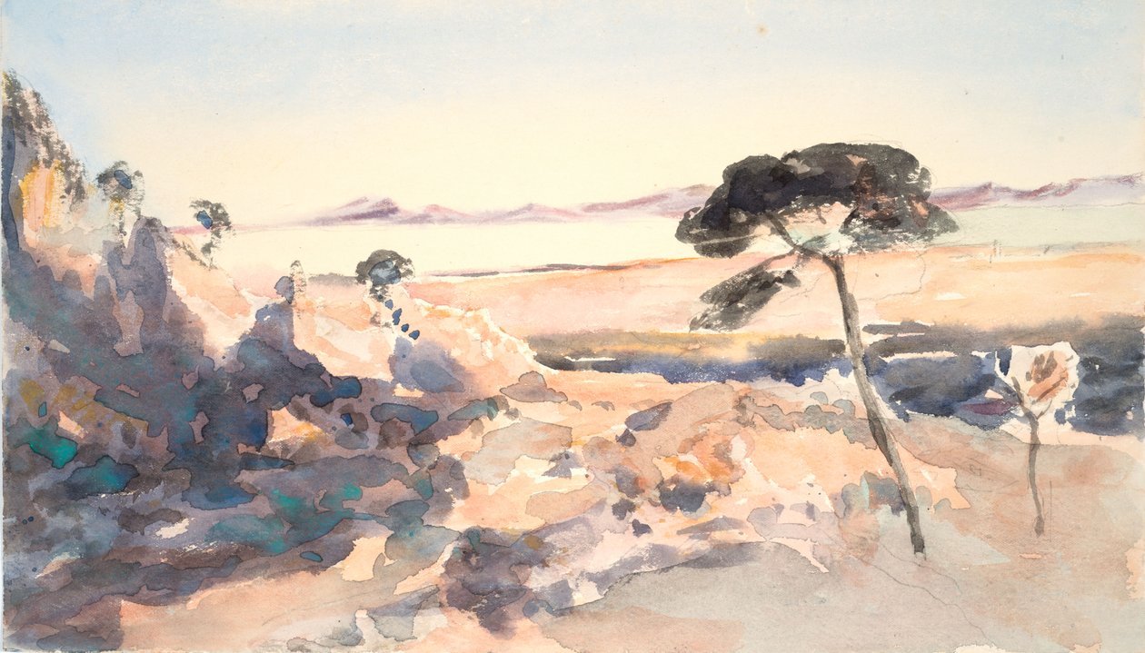 Landskap: Tre med rosa fjell (akvarell og grafitt på vevd papir) av Barbara Leigh Smith Bodichon