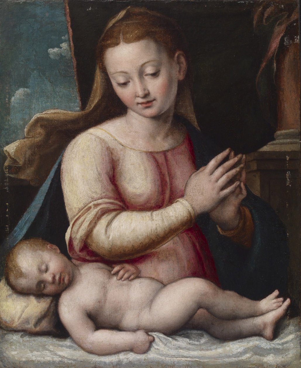 Madonna Adoring the Child, ca. 1580-1600 (olje på lerret montert på panel) av Barbara Longhi