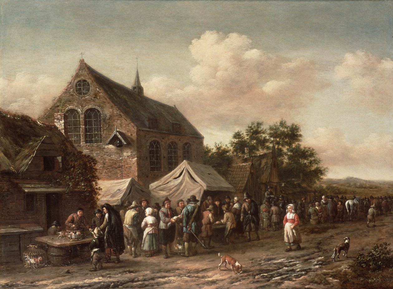 Fjærkremarked ved en kirke av Barend Gael or Gaal