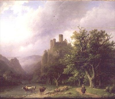 Et elvelandskap med et ødelagt slott av Barend Cornelis Koekkoek