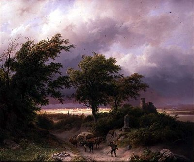 Et skogkledd landskap med en fjern utsikt over Cleve (olje på lerret) av Barend Cornelis Koekkoek