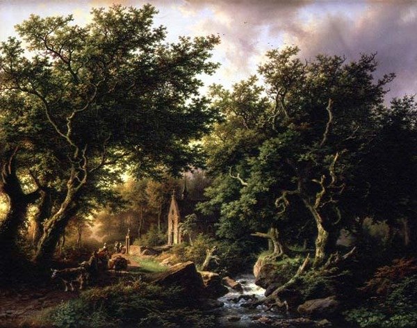 Et skogkledd landskap med et kapell av Barend Cornelis Koekkoek