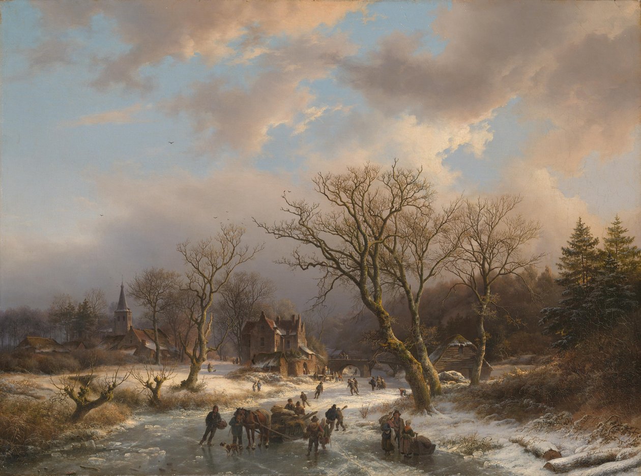 En landsby og en gammel bygning i et skogkledd landskap ved et tilfrosset vann av Barend Cornelis Koekkoek