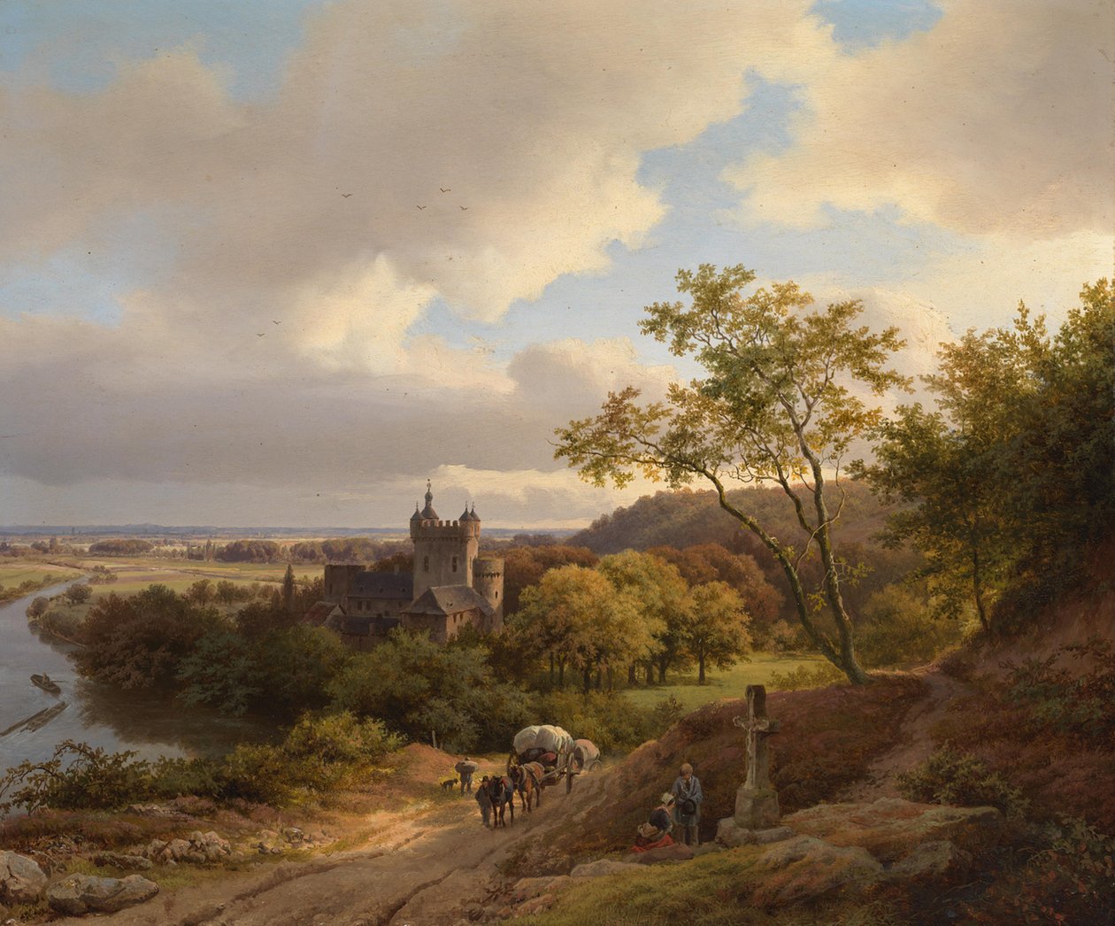 Et slott mellom trær ved en elv av Barend Cornelis Koekkoek