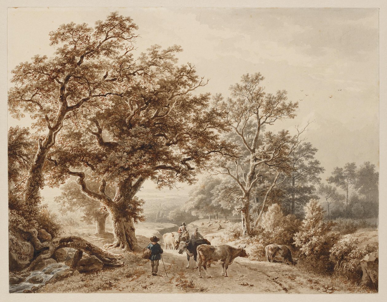 Et landskap med tett eikeskog, befolket med storfe og figurer av Barend Cornelis Koekkoek