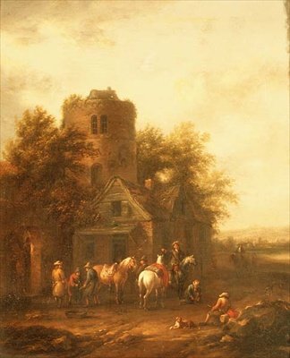 Ryttere som vanner hestene sine utenfor en taverna av Barend Gael or Gaal