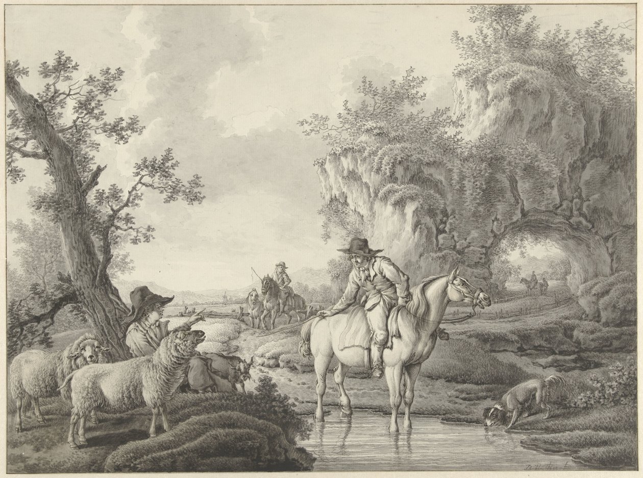 Landskap med en hyrde og en rytter ved et basseng av Barend Hendrik Thier