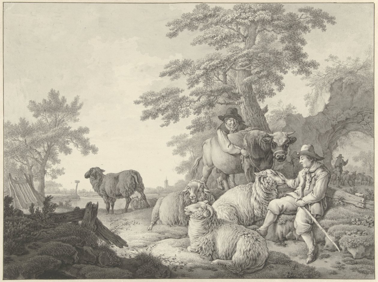 Hyrde med sauer og en gutt med en ungokse i et landskap av Barend Hendrik Thier
