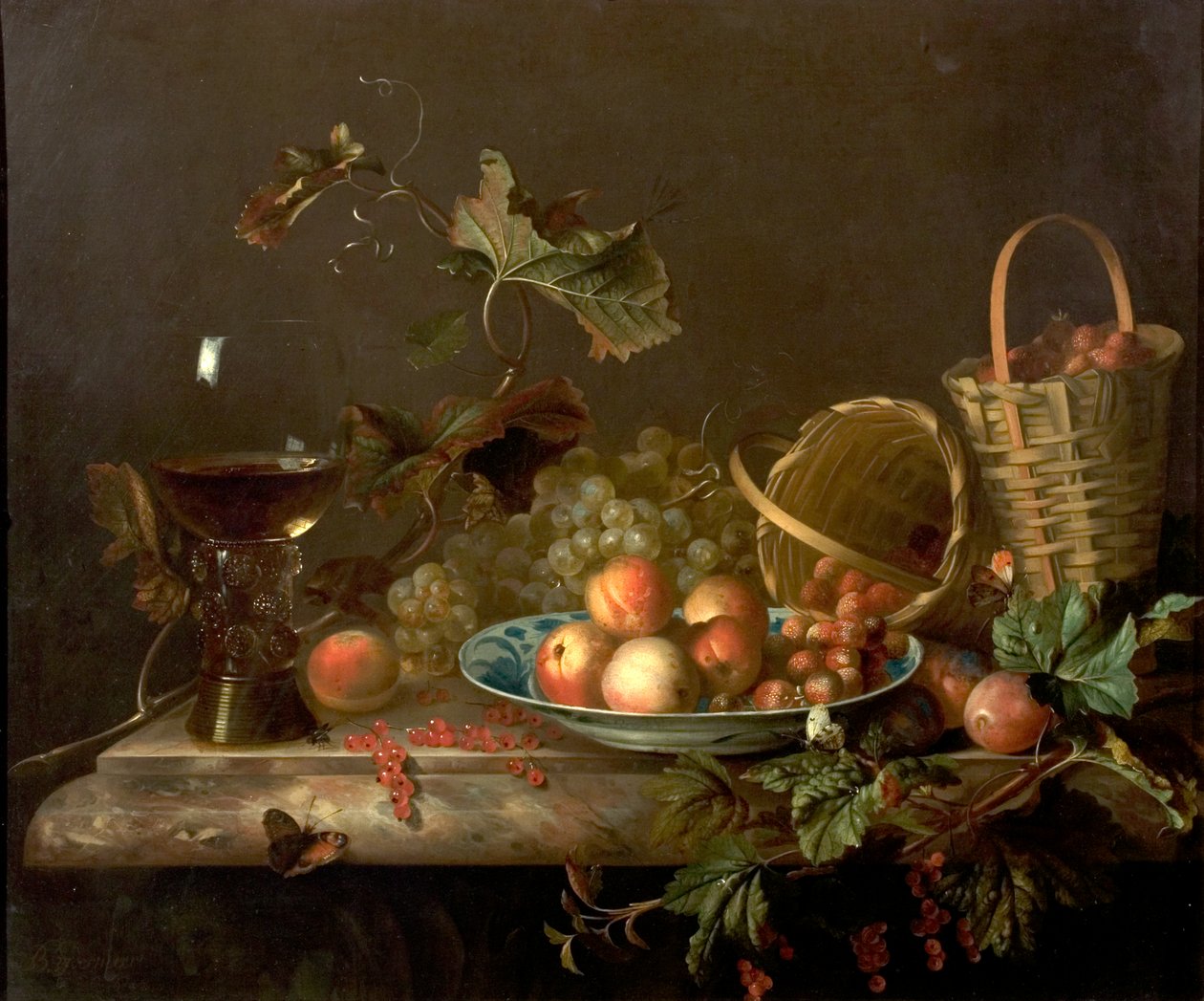 Fruktstykke med vinglass, 1692 av Barend or Bernardus van der Meer