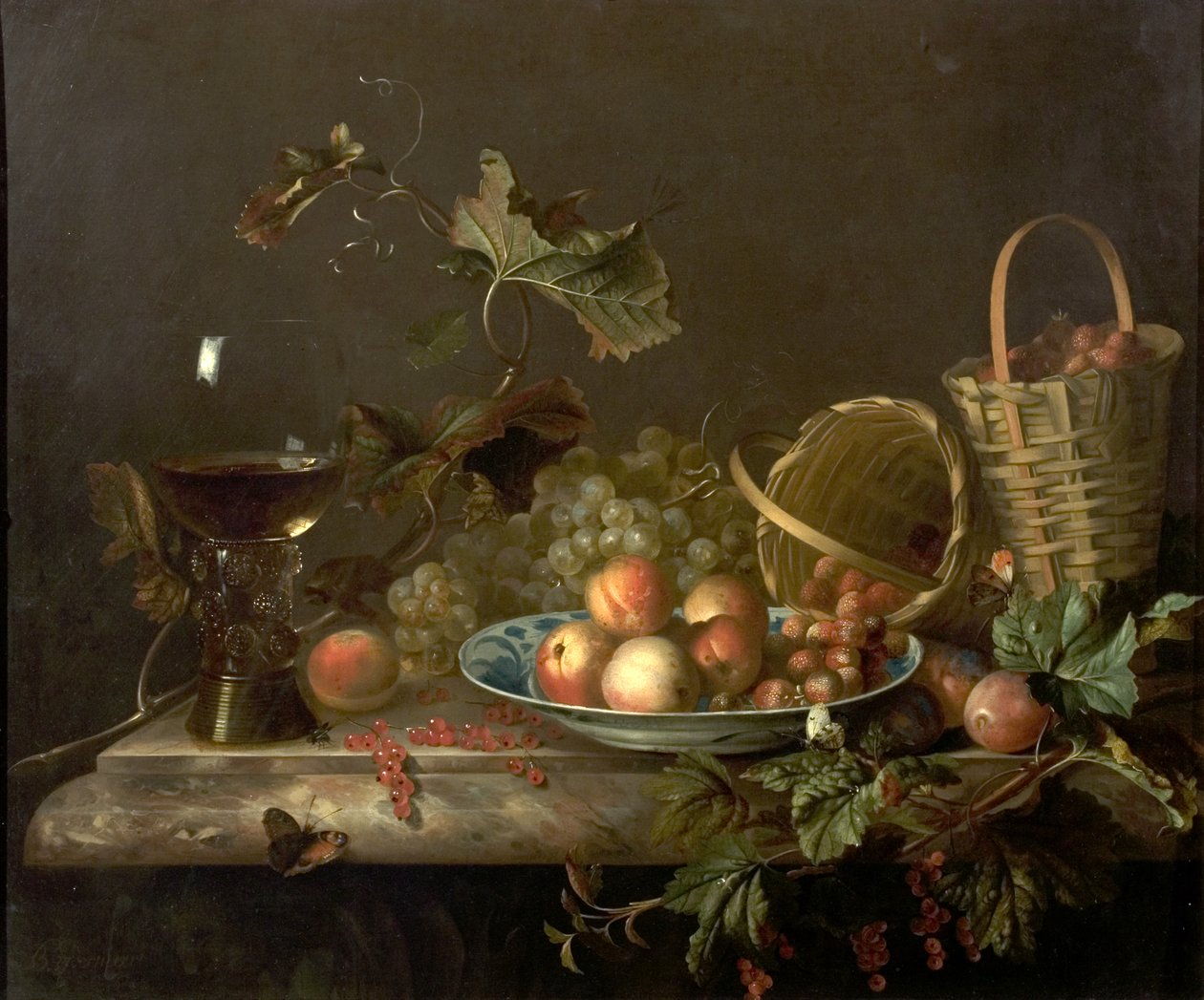 Fruktstykke med vinglass, 1692 av Barend or Bernardus van der Meer