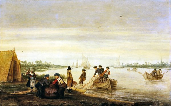 Elvescene med fiskere som tegner garn av Barent Avercamp
