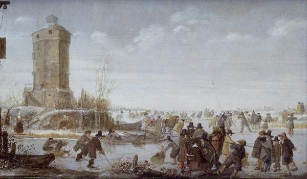 Skatere og elegante figurer med hestetrukne sleder på en frossen elv ved et tårn av Barent Avercamp