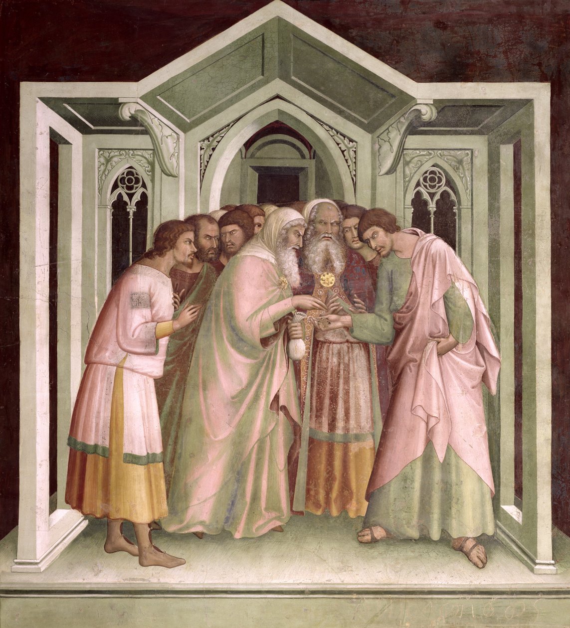 Judas mottar betaling for sitt svik, fra en serie scener i Det nye testamente av Barna da Siena