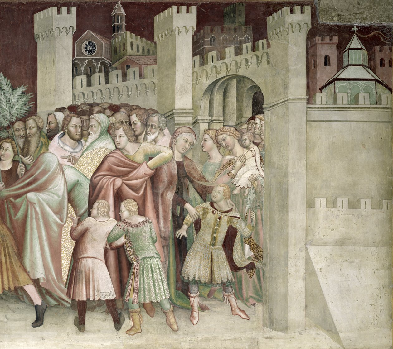 The Crowd at the Entrance to Jerusalem, fra en serie scener i Det nye testamente av Barna da Siena