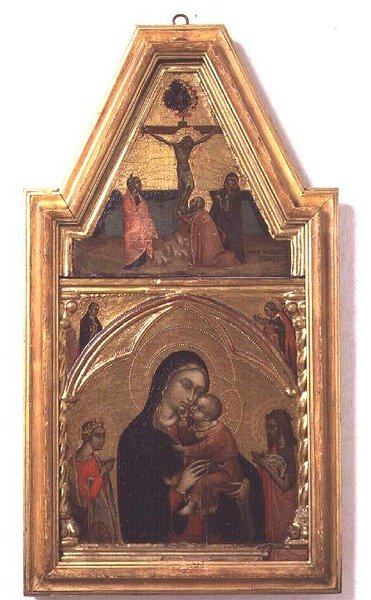 Madonna og barn med døperen Johannes og St. Katarina, med korsfestelsesscenen over av Barnaba da Modena