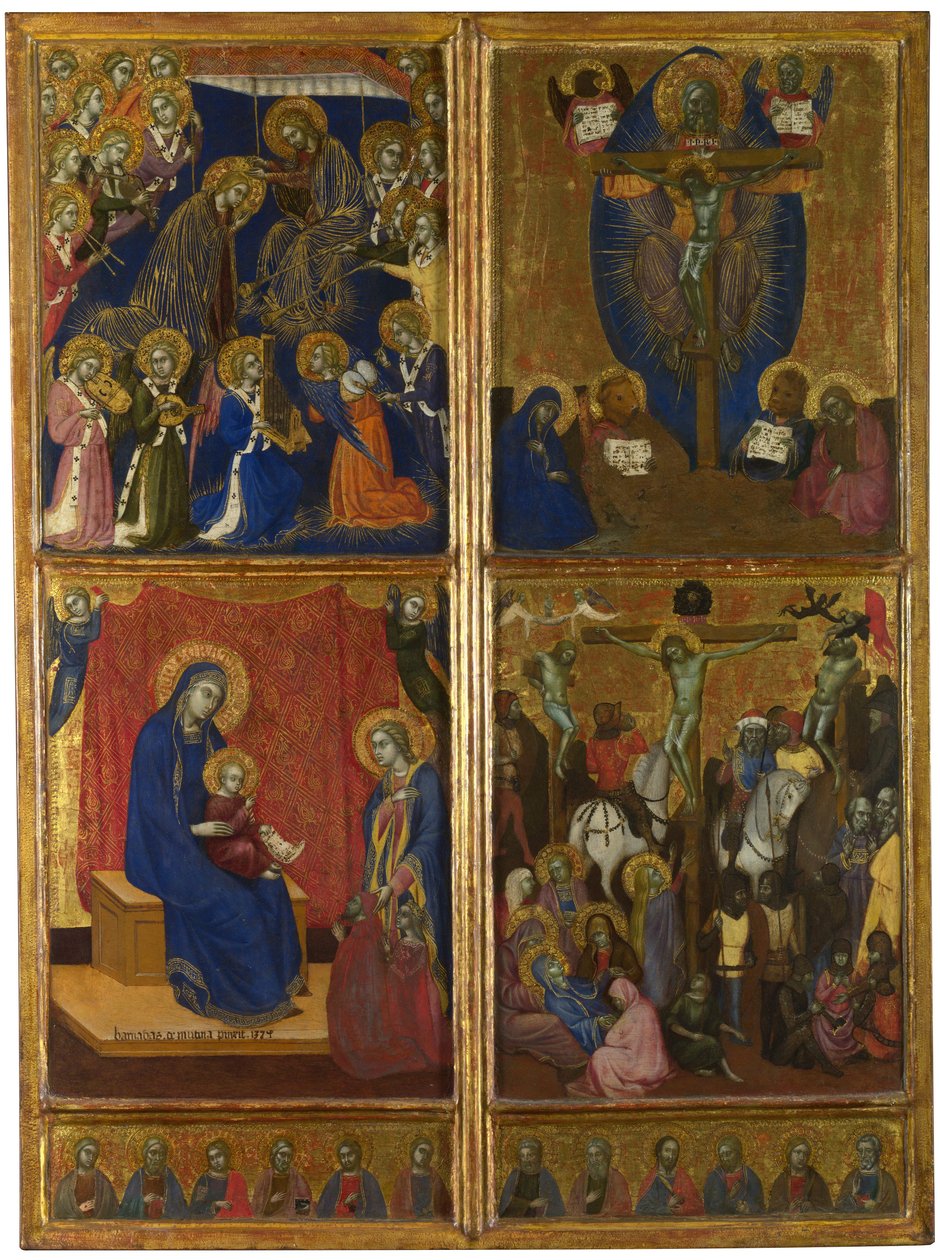Jomfruens kroning. Treenigheten. Jomfruen og barnet med givere. Korsfestelsen. De tolv apostler, 1374 av Barnaba da Modena