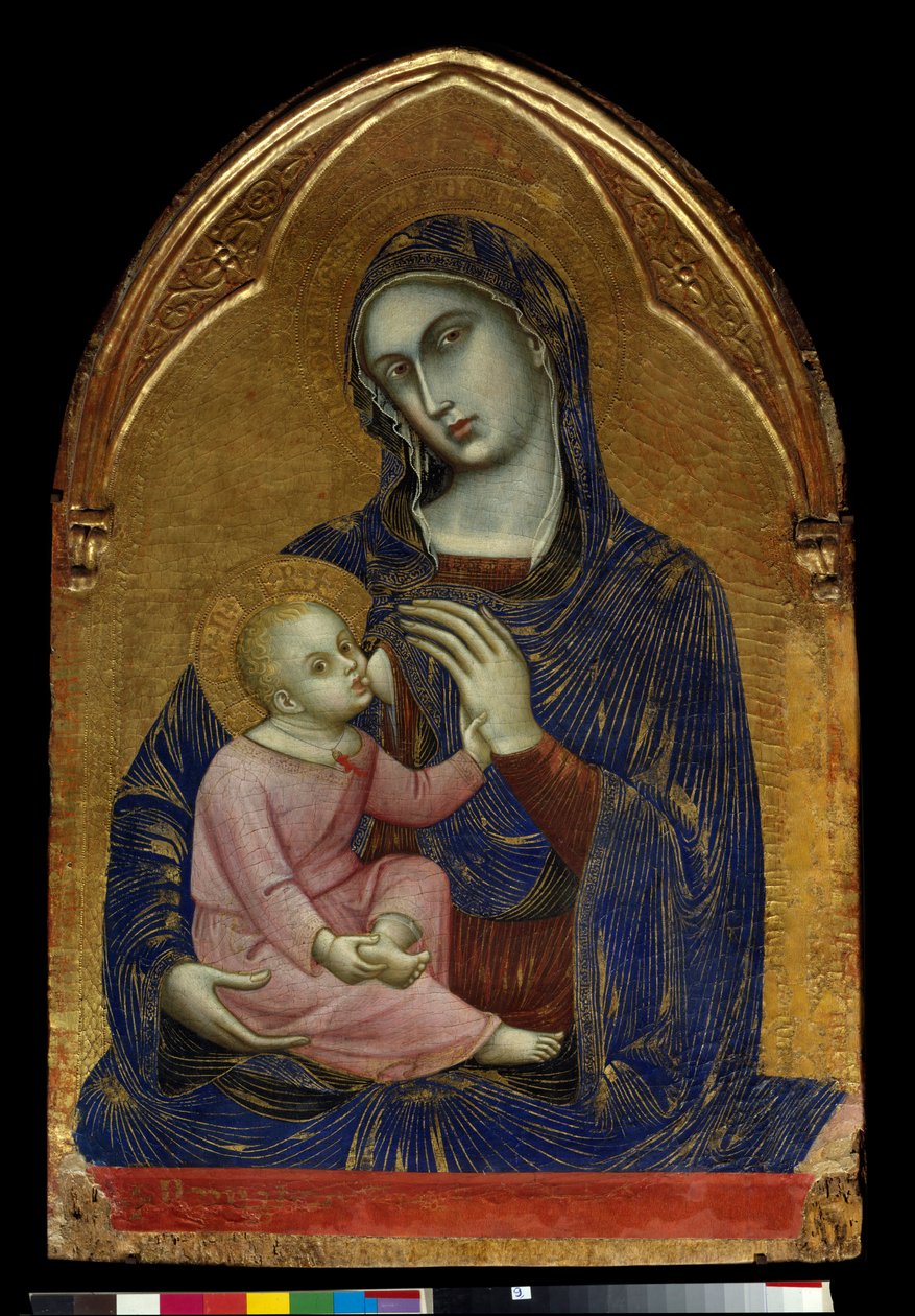 Jomfruen og Mariabarnet ammer Jesus Kristus som har et halskjede av koraller. Maleri på tre av Barnaba da Modena (kjent fra 1361 til 1383) Dim. 1,09x0,72 m Paris, Musée du Louvre. av Barnaba da Modena